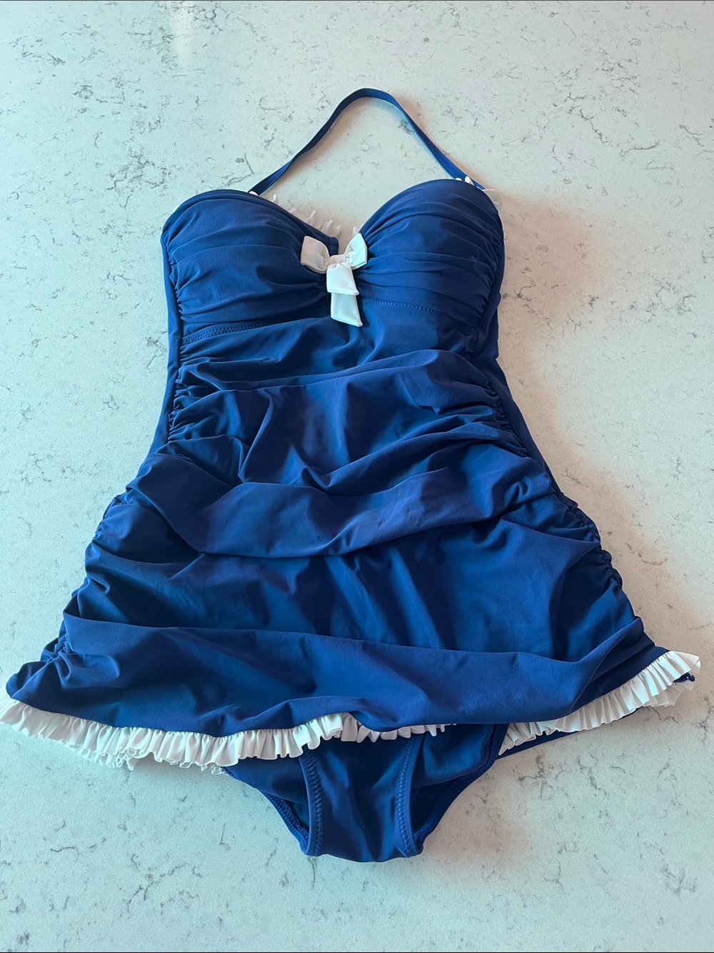 Profile Navy Blue Ruffled One-Piece Swimsuit with White Bow